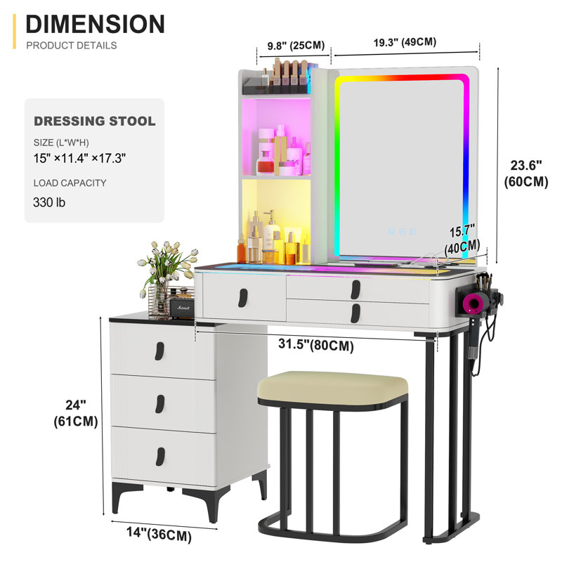 Vanity Set with Human Sensor RGB Lights, Glass Top and Quick-Charging Station, White