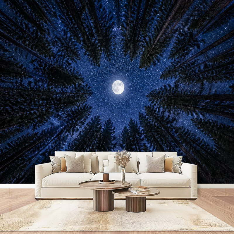 Papier peint adhésif pelez et collez nuit étoilée pleine lune entourée d'arbres, art mural auto-adhésif et amovible