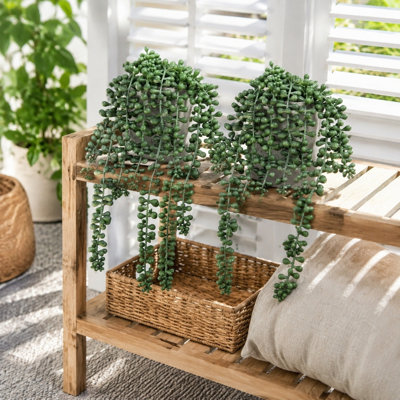 14,17 pouces chaîne artificielle de perles plante en pot, plante grasse suspendue en faux pot en ciment pour décoration murale