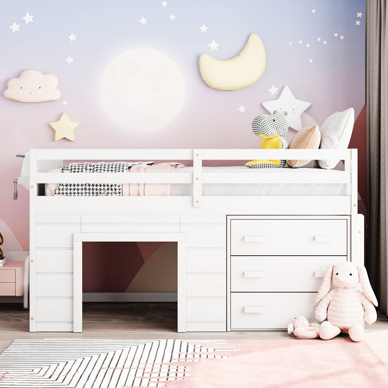 Lit mezzanine simple blanc avec armoire en bois massif, armoire et tablette, Blanc