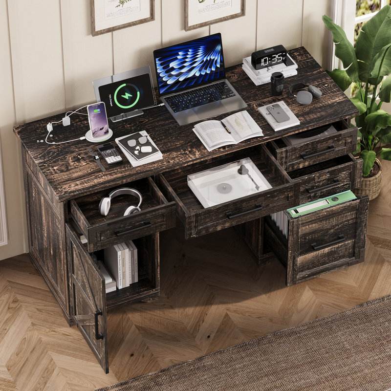 Bureau de direction de ferme avec station de charge et prise de courant, bureau d'ordinateur de bureau à domicile avec 5 tiroirs et armoire, table d'écriture en bois rustique avec tiroir classeur
