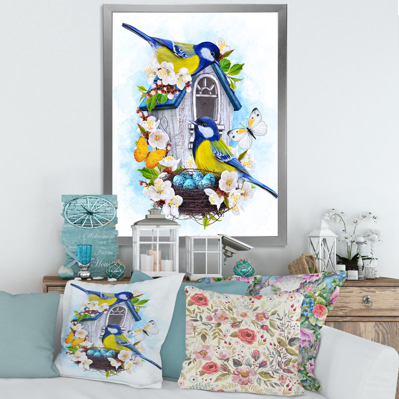Deux mésanges assis près du nid avec œufs I - Impression sur toile, H 20 po x l 12 po x P 1,5 po, Toile avec cadre argenté