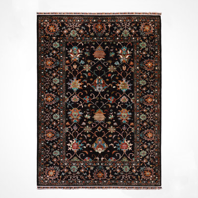 Original Hand Knotted Traditional Pattern Black Wool and Cotton Rug