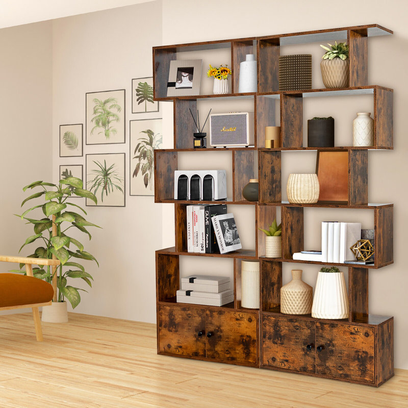 72''H X 27.5''W 2 PCS 6-Tier Bajulal Geometric Storage Bookcase, Brown