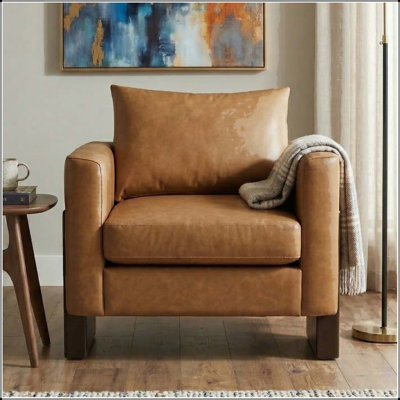 Fauteuil club moderne avec accoudoirs architecturaux et pieds en bois d'hévéa