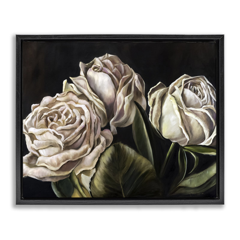 Cadre flottant Fading Beauty White Roses, design par Mary Sparrow, Cadre flottant noir de jais, H 17 po x l 21 po