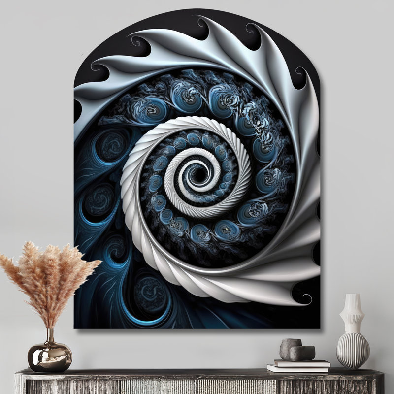 Bleu et blanc vitrail liquide II - voûte abstraite en spirale, art mural en métal, H 43 po x l 33 po