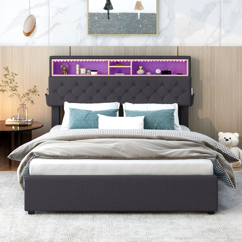 Lit plateforme tapissier Ingry Ulani avec tête de lit à rangement, DEL, chargement USB et 2 tiroirs, Double, Gris foncé