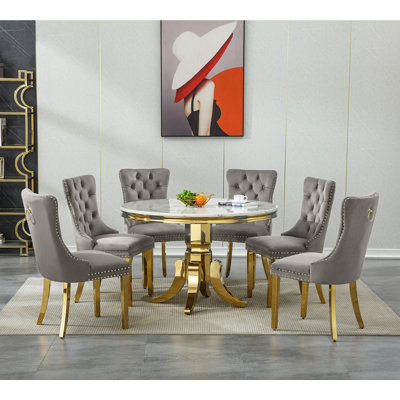 44.88" Round Dining Table Set for , Kitchen Table with Faux Marble Top, Dining Room Table & Velvet Chairs with Stainless Steel Pedestal, Piece Dining Table Set