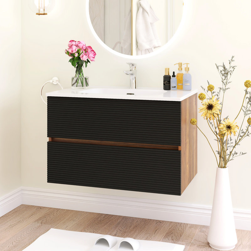 Meuble-lavabo mural à rayures horizontales avec lavabo en céramique intégré blanc, Noir/noyer, 30"