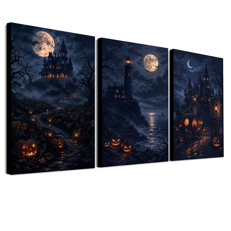 "Haunted Castle", ensemble de 3 toiles d'Halloween, H 18 po x l 12 po x 3 pièces