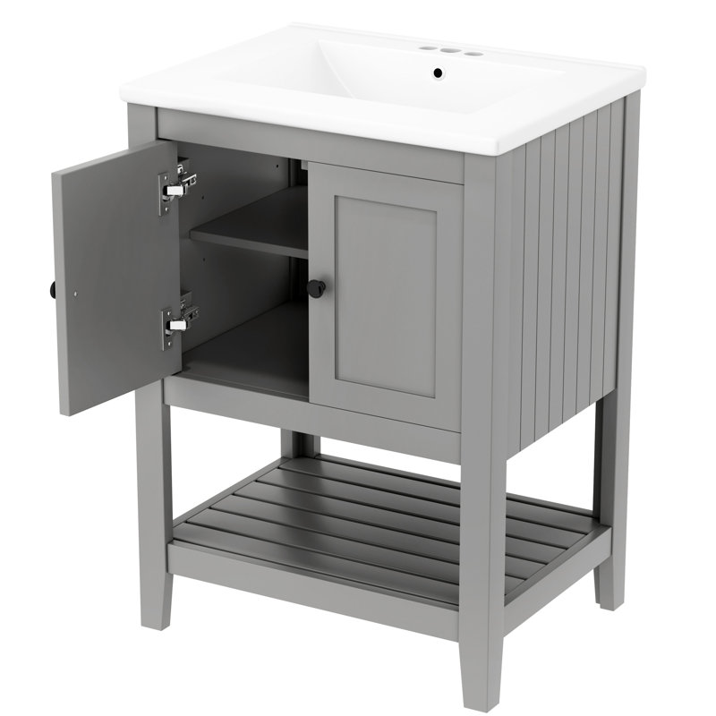 Meuble-lavabo moderne 24 po, lavabo en céramique élégant, meuble-lavabo en bois massif avec tablette et cadre, Gris
