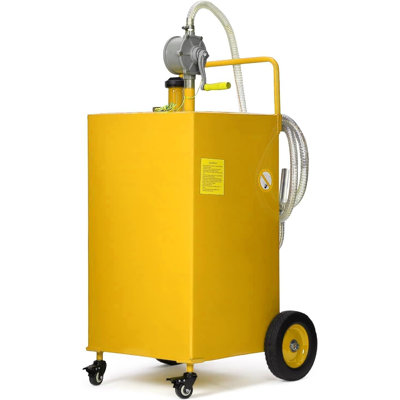 35 Gallon Yellow Alloy Steel Wheeled Fuel Caddy, Spill Proof Mobile Fuel Storage Container with Manual Pump for Gasoline and Kerosene Transfer