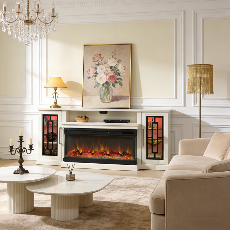 75" Highboy Electric Fireplace TV Stand - 40'' 3-Side Tempered Glass LED, Customizable Flame Effects, Fits 80/85'' Televisions, Modern Living Room Media Console, Distressed White