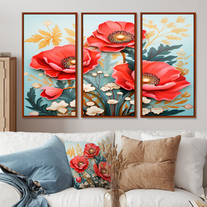 Ullery - Ensemble de décoration murale coquelicot, Cadre flottant brun, H 32 po x l 48 po x P 1 po
