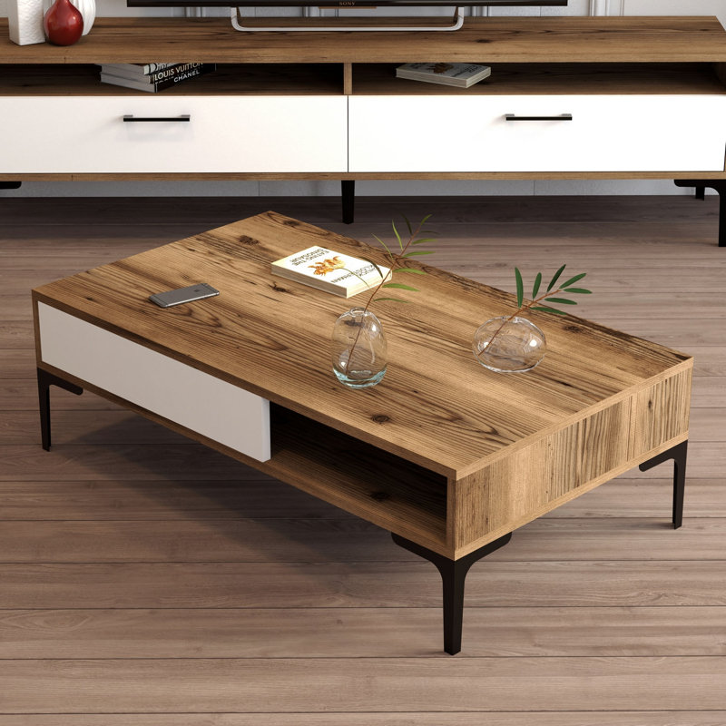 Table basse à 4 pieds avec rangement, Noyer / Blanc