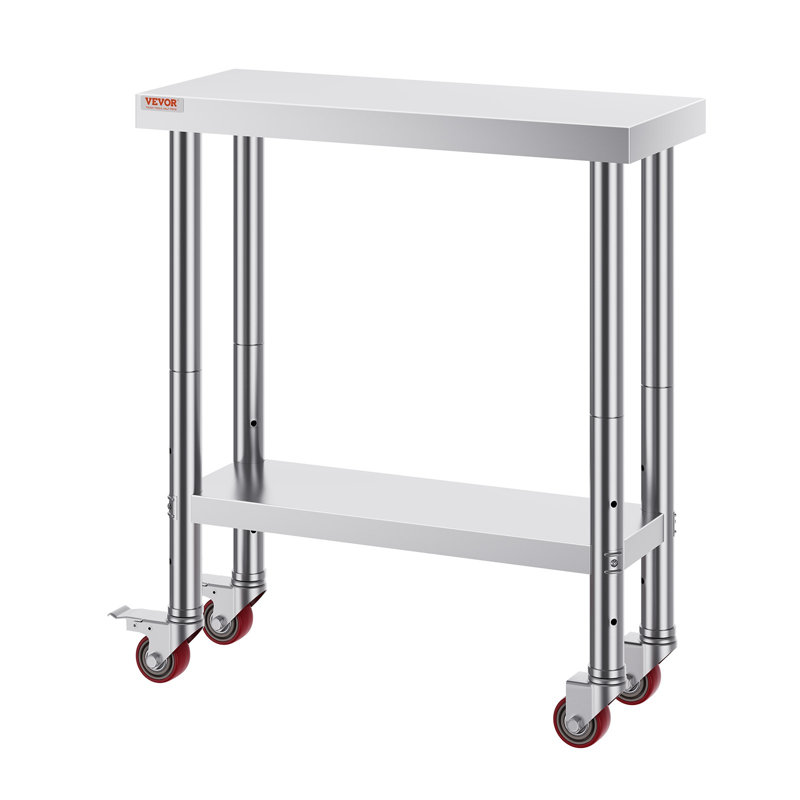 Table de travail 30 po x 12 po x 34 po en acier inoxydable avec 3 tablettes réglables et 4 roulettes