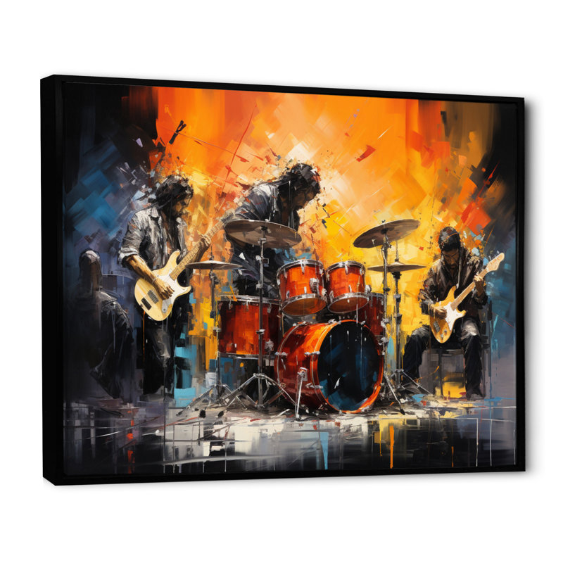 Rock Band In Action I - Dance, art mural, Cadre flottant noir, H 12 po x l 20 po x P 1 po