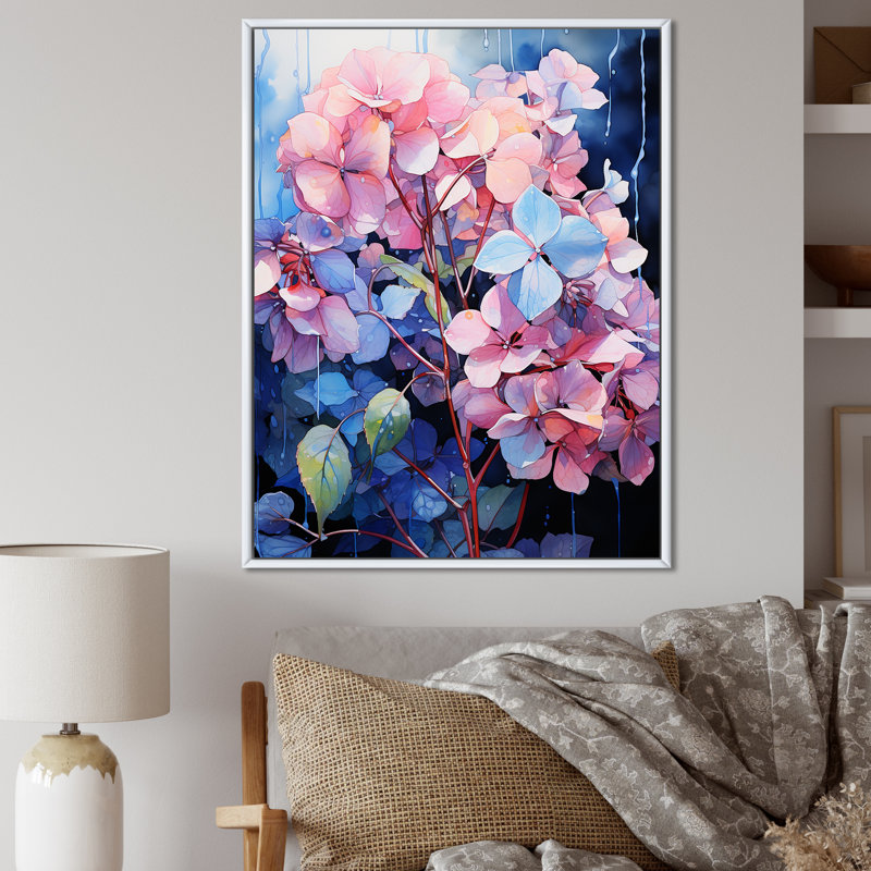Hortensias bleus et mauves I, Cadre flottant blanc, H 40 po x l 30 po x P 1,5 po