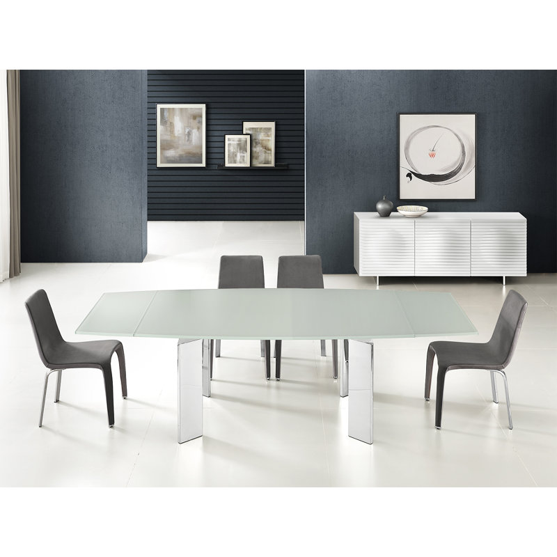 Astor Extendable Glass Dining Table with Silver Stainless Steel Base