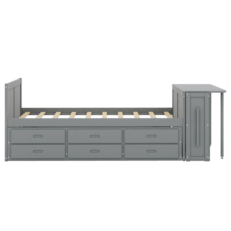 Multi-Functional Twin Size Platform Bed With Desk And Bookcase At The End Of The Bed, Trundle And 3 Drawers, Gray