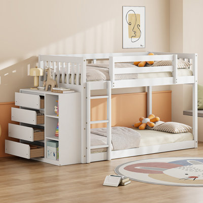 Lit superposé simple au-dessus de simple avec 4 tiroirs et 3 tablettes, conception compacte et élégante pour les chambres modernes