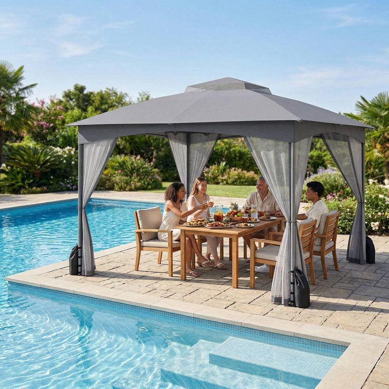 Pavillon de jardin robuste 10 x 12 pi résistant aux intempéries avec murs en filet et 4 sacs de sable pour l'extérieur, Gris