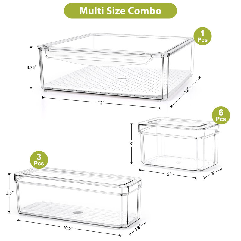 Paquet de 10 paniers de rangement pour garde-manger avec couvercles, bacs de rangement pour réfrigérateur, transparents