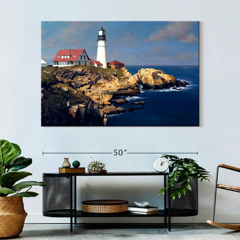 Phare côtier d'Aletra avec maisons rouges, H 34 po x l 51 po