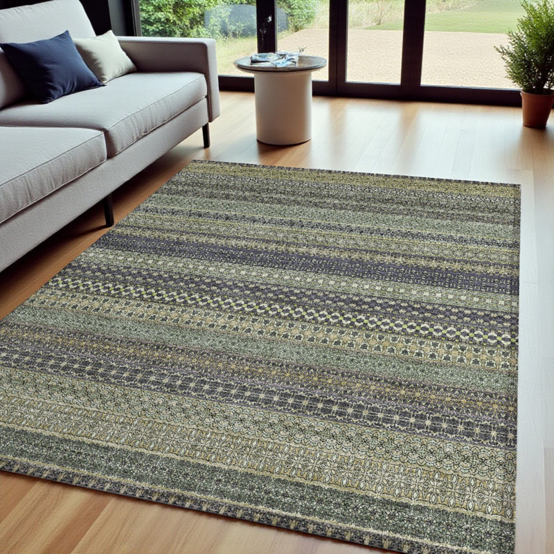 Non-skid Indoor Outdoor Rug With Sage Stripes by, Rectangle 9' x 12'