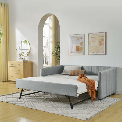 Daybed With Trundle Upholstered Sofa Bed, With Vertical Stripes, Linen Fabric
