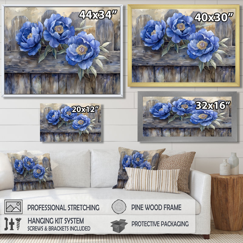 Ilze, pivoines bleues par la clôture I - pivoines, art mural, Noir, H 12 po x l 20 po, Impression encadrée flottante