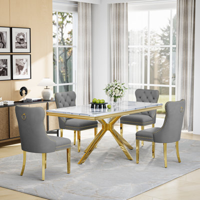 70" Marble Top Dining Table Set, Rectangular Faux Marble Print Top and 4 Velvet Upholstered Dining Chairs (Set of 5)