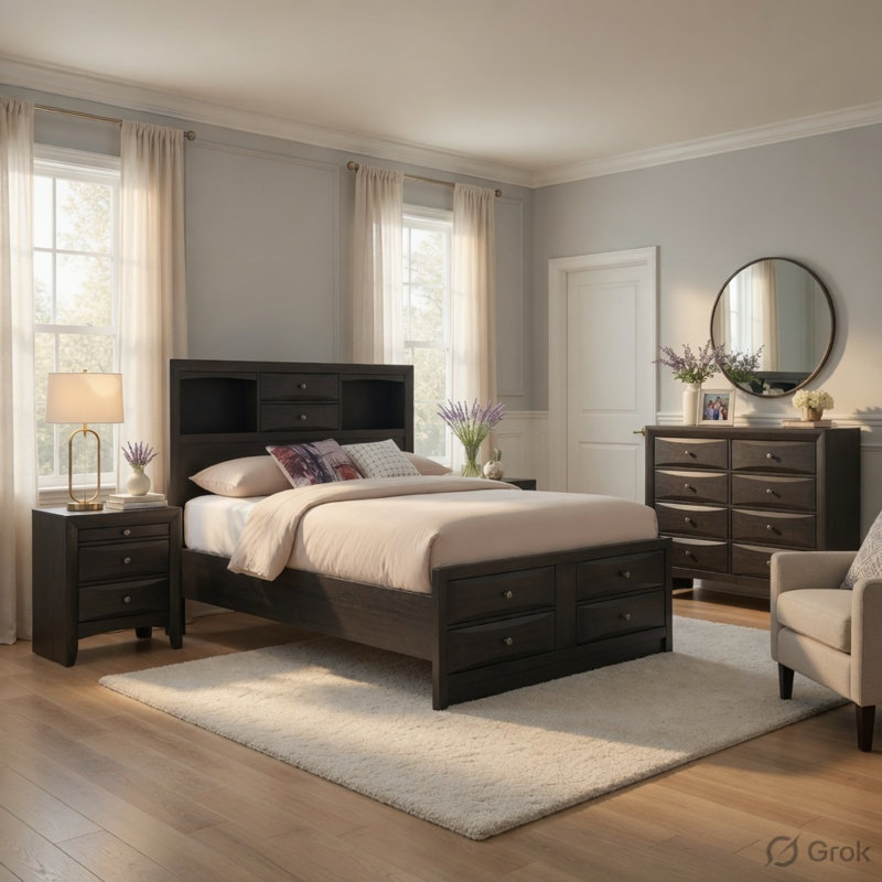 Ensemble de chambre pour grand lit, finition grise, lit avec tiroirs, ensemble de 4 pièces avec lit, 2 tables de chevet et commode
