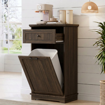 Meuble de poubelle basculant avec tiroir, support de poubelle dissimulé en bois, meuble de rangement pour poubelle de cuisine autoportant, solution de rangement pour poubelle dissimulée dans la cuisine ou la salle à manger