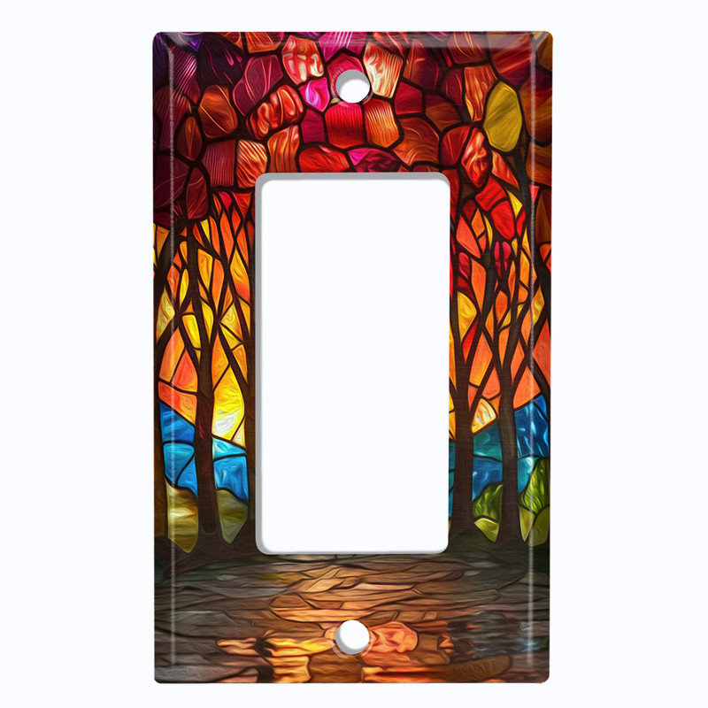 Couvercle de plaque d'interrupteur en métal; Fauteuil à bascule GFI 1 taille US standard - image imprimée du coucher de soleil de la forêt en vitrail