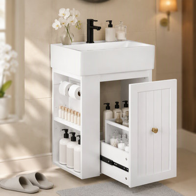 Meuble-lavabo de 20 pouces avec lavabo en céramique, armoire de rangement en panneau de fibres à densité moyenne avec tiroir, tablette latérale et poignée dorée - meuble-lavabo moderne pour les petites salles de bain