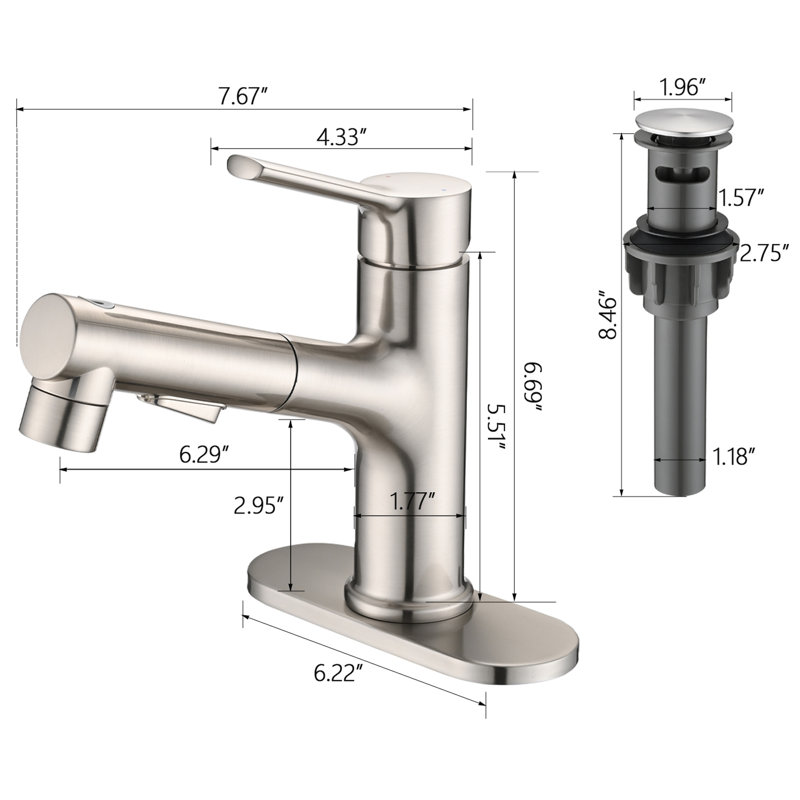 Robinet de lavabo de salle de bain en nickel brossé, poignée rétractable, poignée simple, style contemporain avec robinet escamotable et plaque de pont en nickel, conception escamotable et