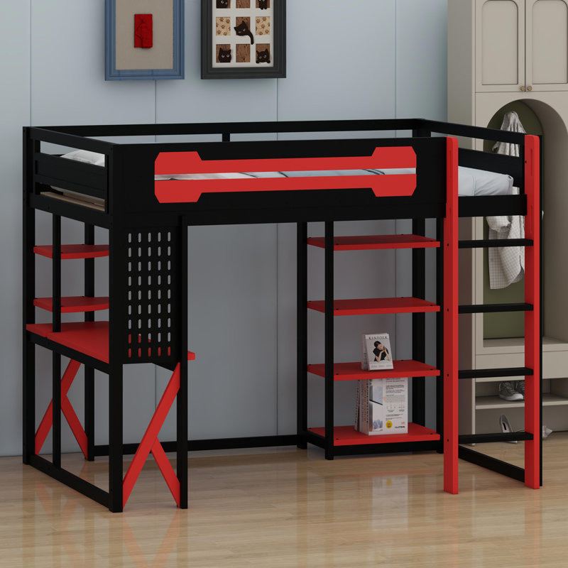 All-in-One Loft Bed System with Desk, Storage, Fast Charging & Customizable RGB Lights, Black+Red