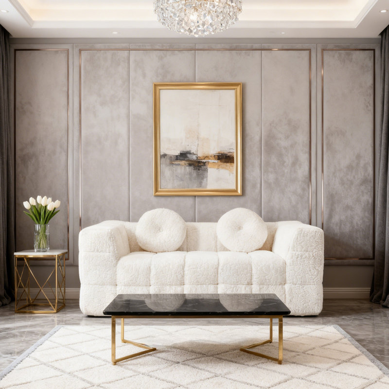 Canapé 2 places sans os avec 2 coussins circulaires, H 30 po x l 66,5 po x P 37,4 po, Beige