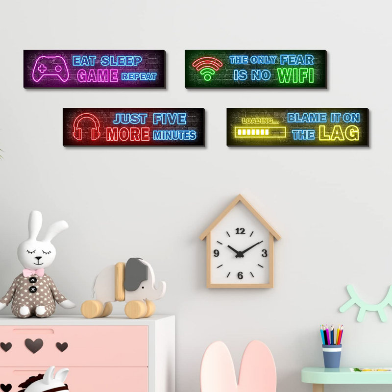 4 Pcs Printed Neon Gaming Posters, 3.2" H x 12" W