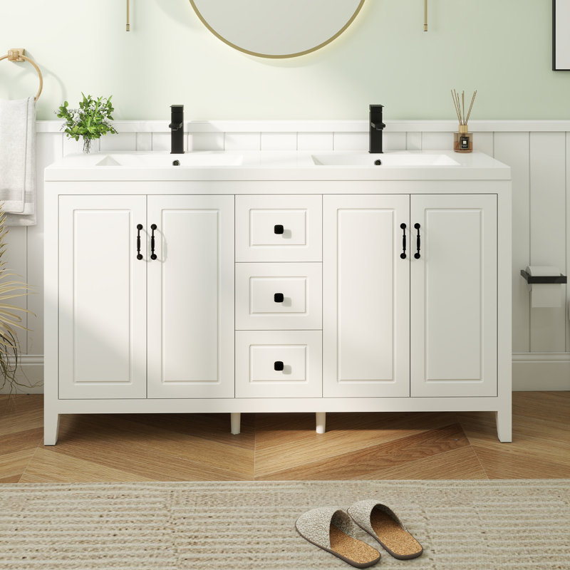  Transform Your Space: 60" White Bathroom Vanity with Resin Sink – Modern, Durable, and Ready to Install, White, 60"