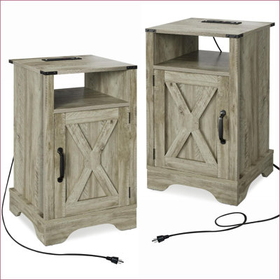 Table de chevet rustique avec station de charge Farmhouse, gris clair (2 ensembles)