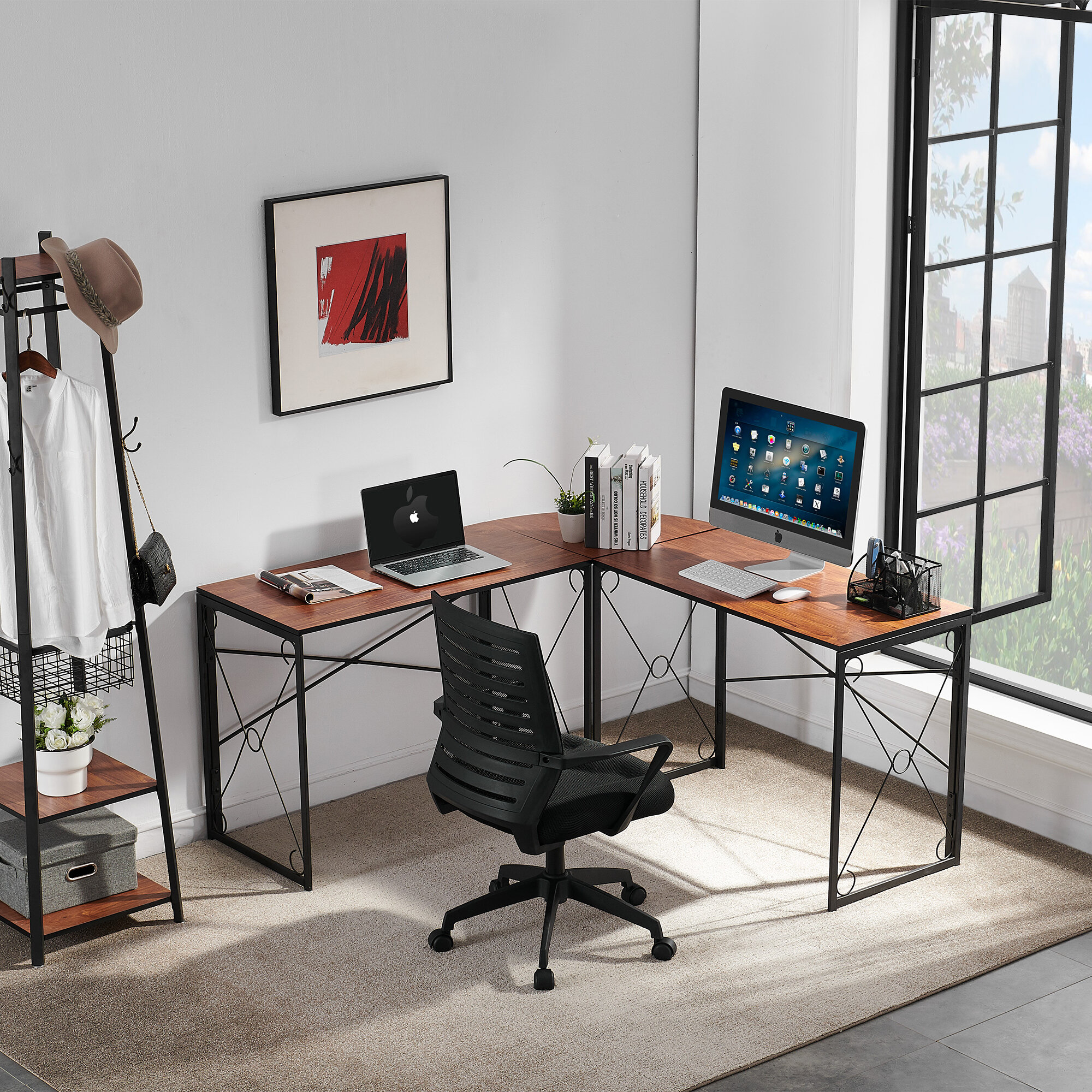 Haigh L Shaped Desk with Shelves 86.6 inch Reversible Corner Computer Desk or 2 Person Long Table Zipcode Design Color (Top/Frame): Black