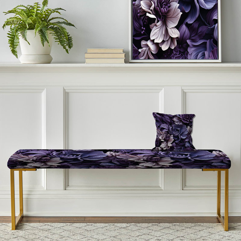 Floral Upholstered Gold Bench, Shadowed Elegance Moody Patterns