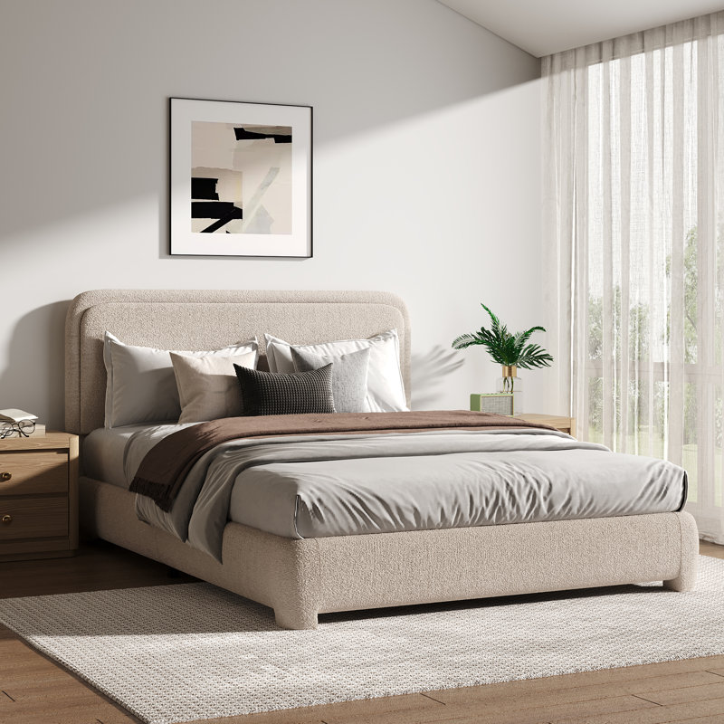 Lit plateforme tapissier Bensu Boucle, Grand lit, Crème