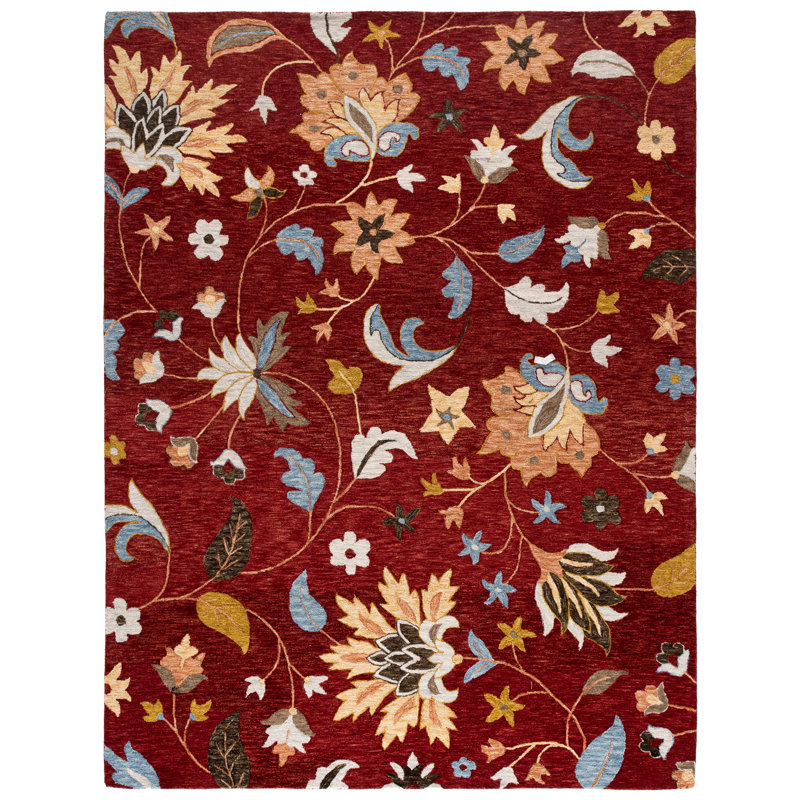 Tapis floral en coton touffeté à la main Jardin en rouge / orange, Rectangle 8 pi x 10 pi