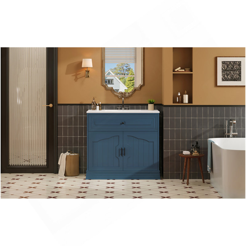 Meuble-lavabo de luxe 36 po avec lavabo en céramique, meuble-lavabo avec 2 grandes portes à fermeture douce, Bleu