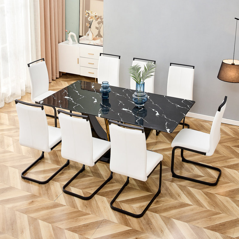 Ensemble de table et chaises, table de salle à manger moderne, plateau de table à motifs et pieds en MDF, chaise de salle à manger douce et confortable, dîner parfait, réunions, décoration de maison et de bureau