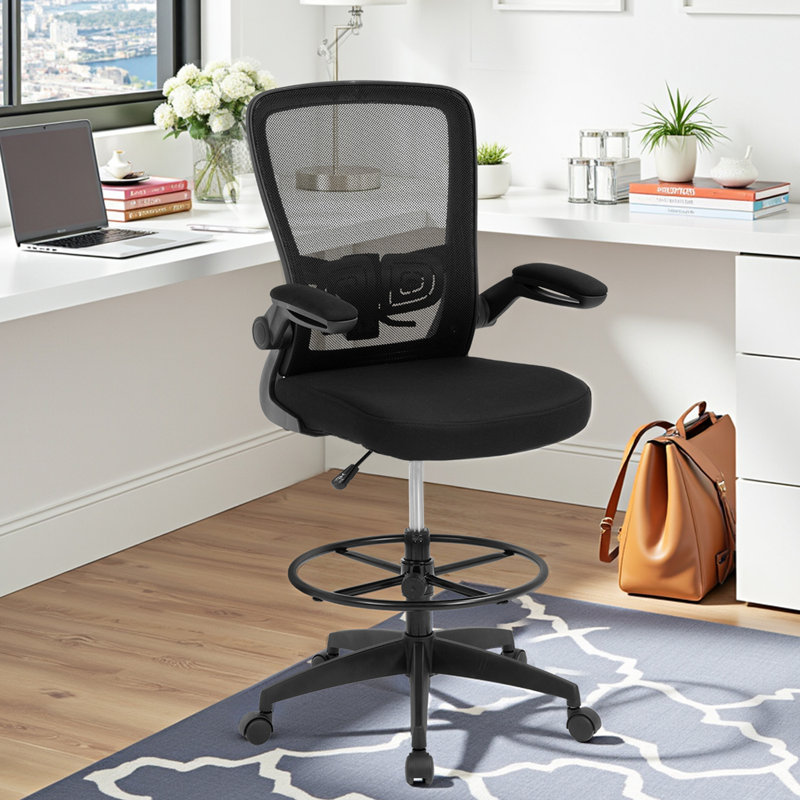 Drafting Chair Ergonomic Tall Office Chair Adjustable Height Computer Chair With Lumber Support Mid Back Task Mesh Desk Chair With Flip Up Arms Footrest Drafting Swivel Stool For Standing Desk, Black